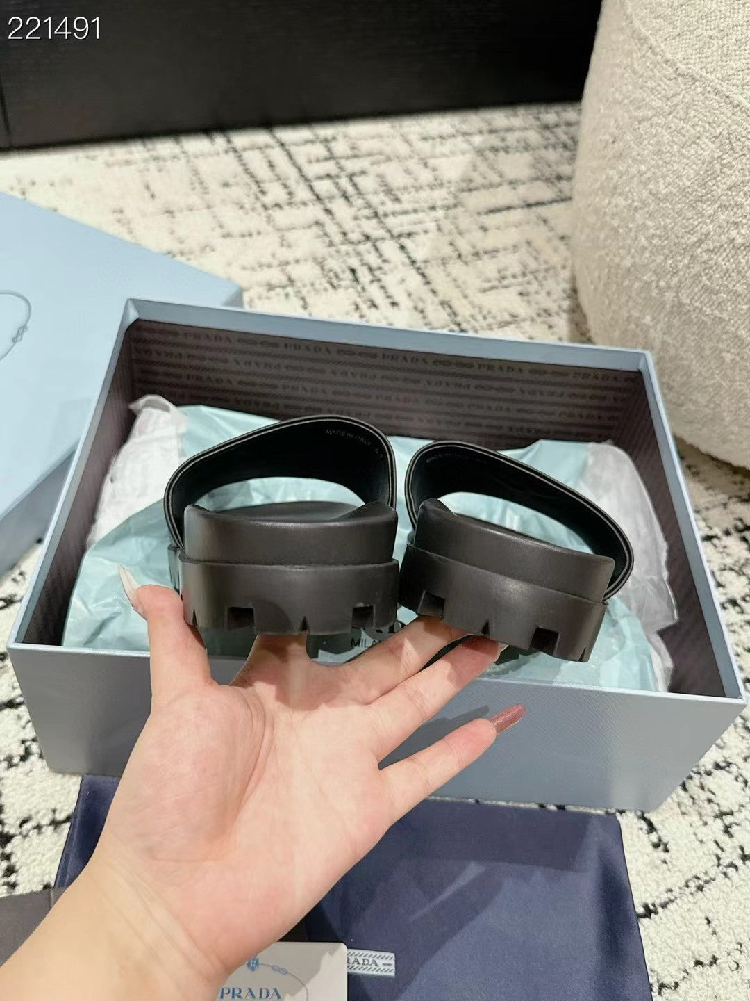PRADA 25S RUBBER SLIDE IN CHARCOAL CALFSKIN WITH LOGO