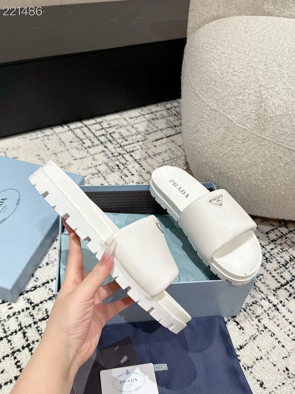 PRADA 25S PADDED SLIDES IN WHITE CALFSKIN WITH LOGO