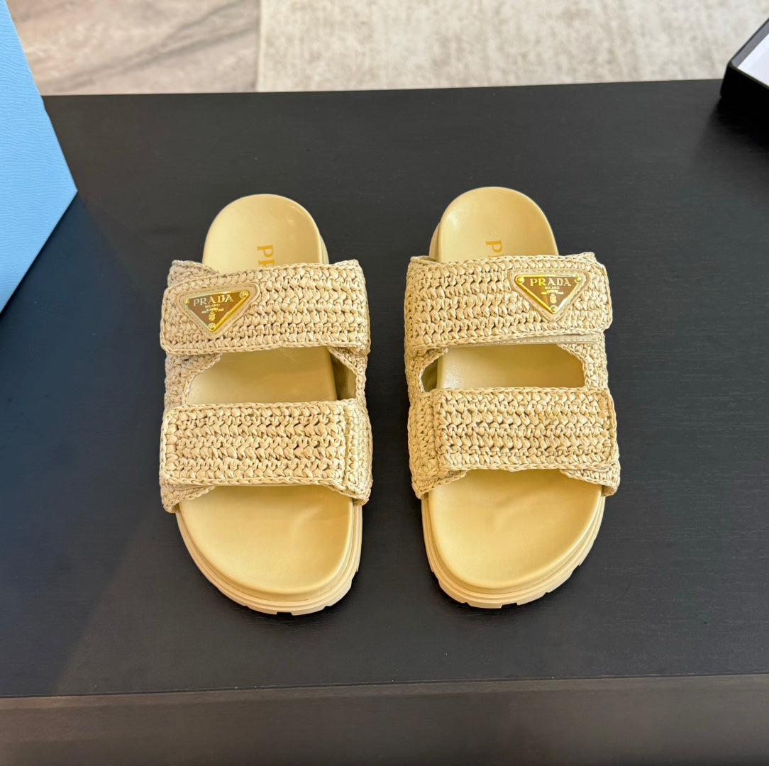 PRADA RAFFIA CORK SLIDE PASTEL YELLOW CALFSKIN
