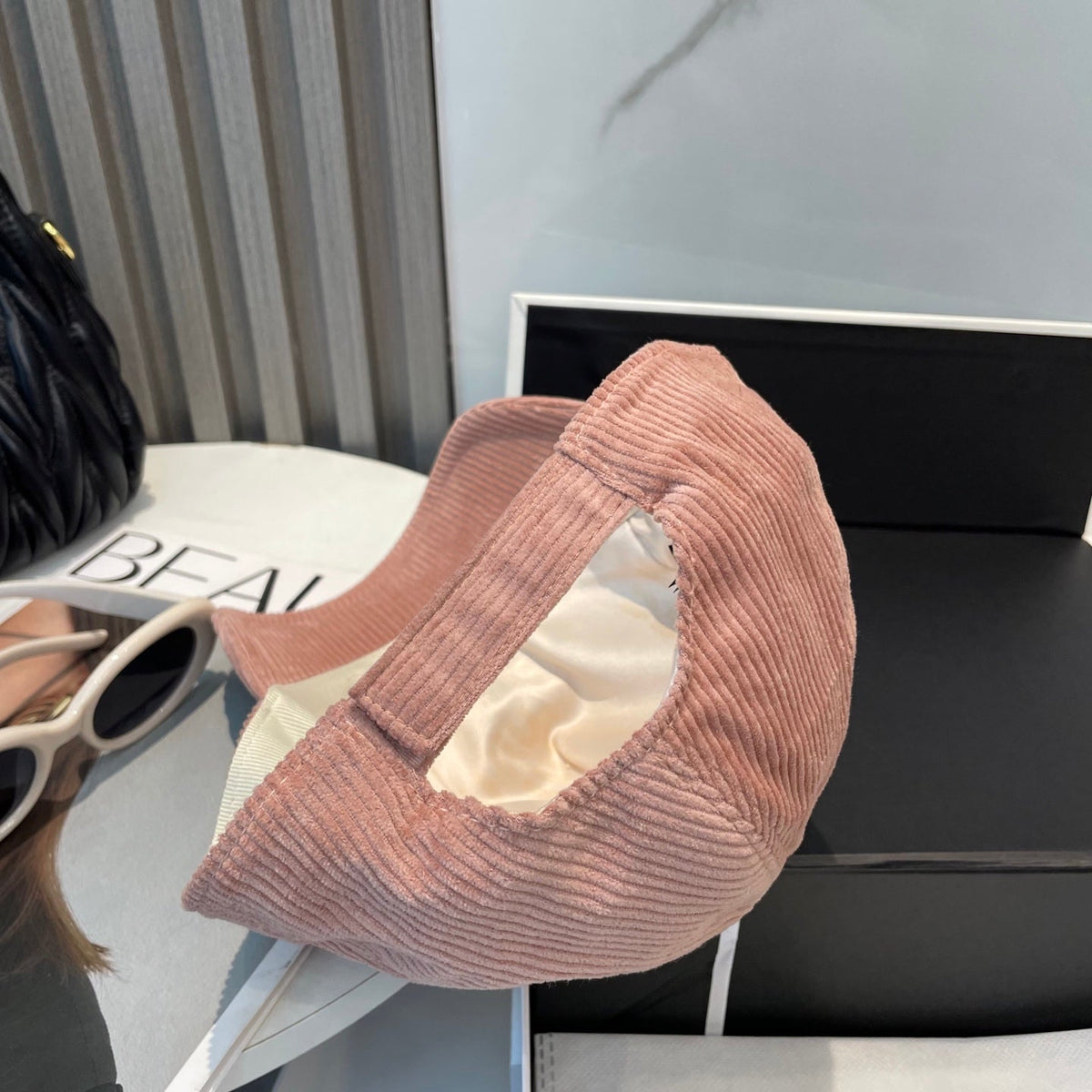 MM BASEBALL CAP IN PEACHY PINK VELVET