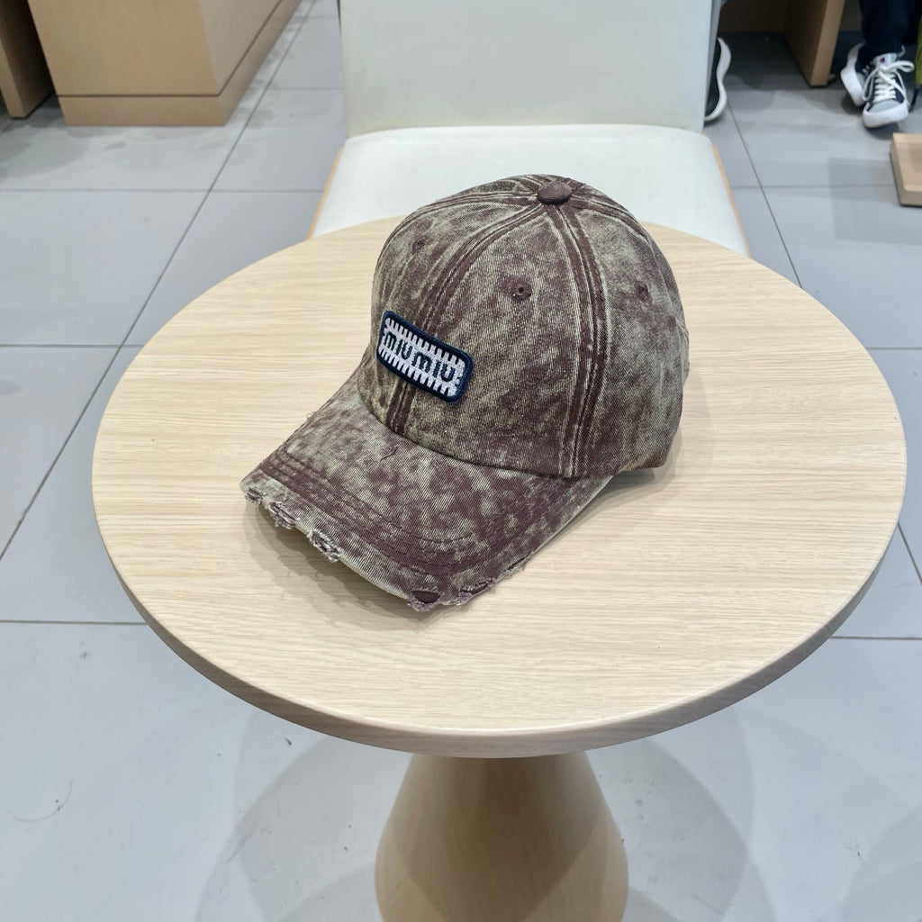 MM DISTRESSED FABRIC BASEBALL CAP IN BROWN WITH EMBROIDERED LOGO