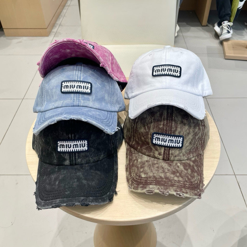 MM DISTRESSED FABRIC BASEBALL CAP IN BROWN WITH EMBROIDERED LOGO