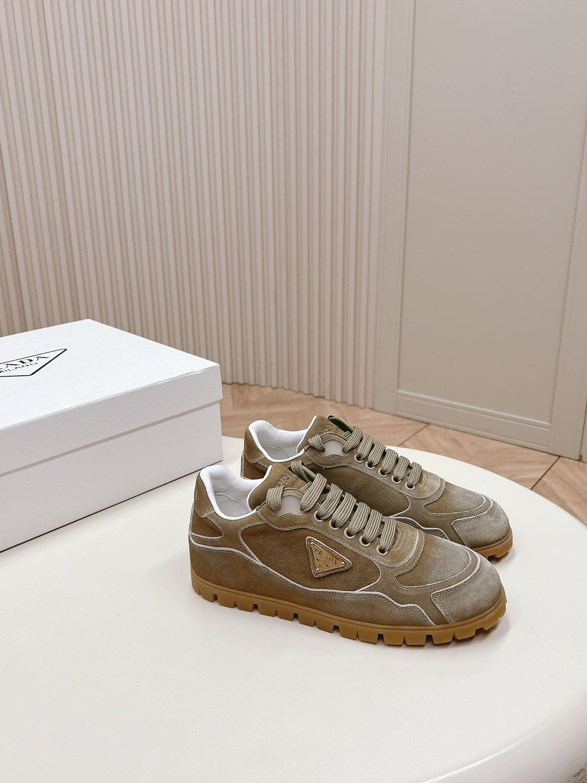 PRADA FADED SUEDE SNEAKERS CARAMEL AND WHITE