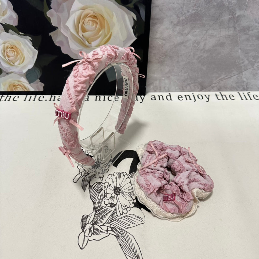 SET HEADBAND AND HAIR TIE IN LIGHT PINK FABRIC ATTACHED BOWS 432848