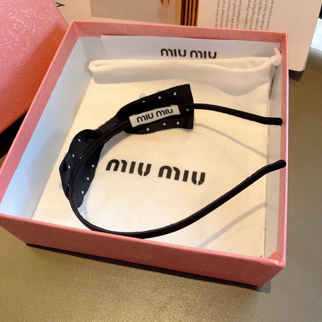 HEADBAND WITH BOW IN BLACK COTTON ATTACHED PEARLS 406039