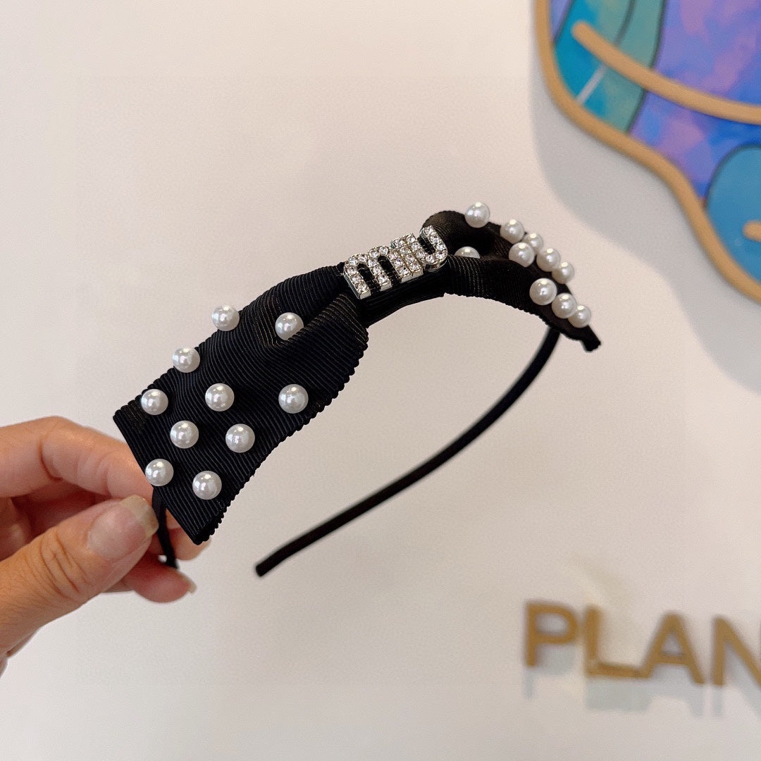 HEADBAND WITH BOW IN BLACK COTTON ATTACHED PEARLS 406039