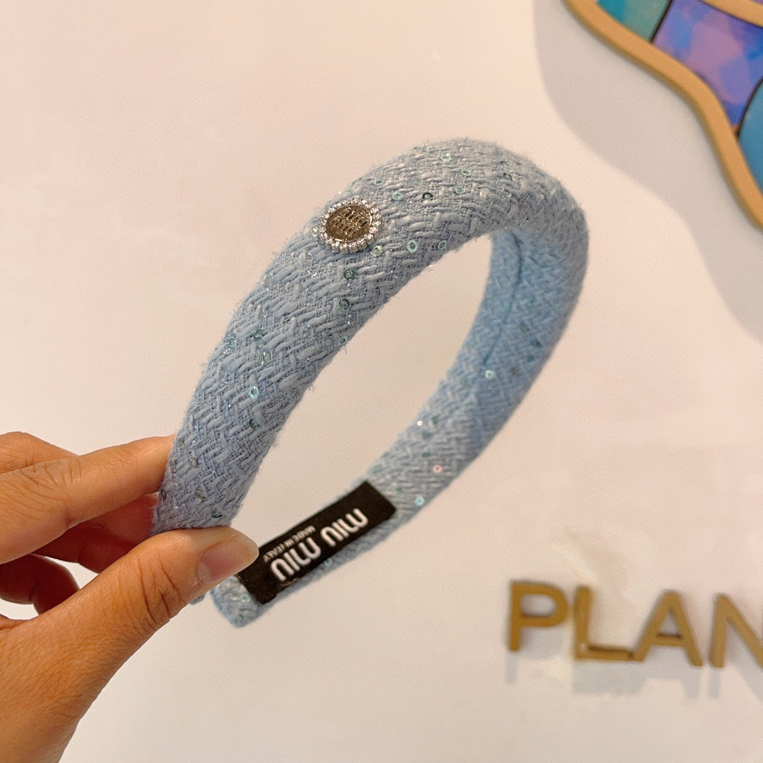 THICK HEADBAND IN SKY BLUE TWEED EMBELLISHED SEQUINS 406044