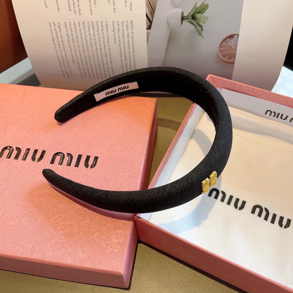 THICK HEADBAND IN BLACK DENIM GOLD LOGO 425463