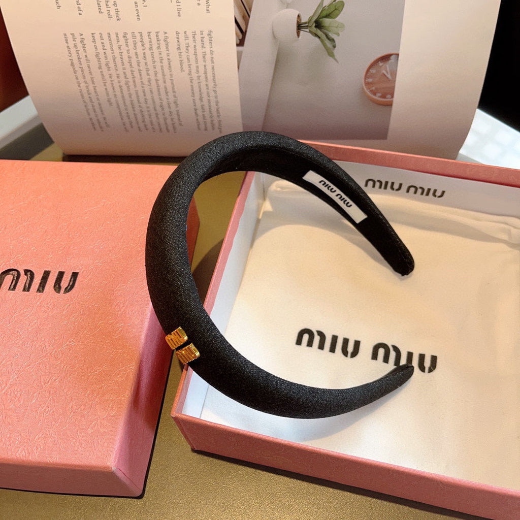 THICK HEADBAND IN BLACK DENIM GOLD LOGO 425463