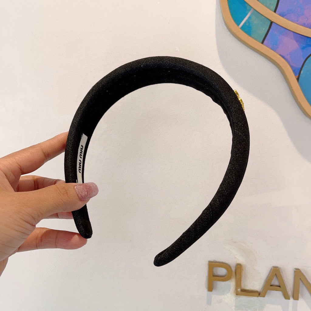 THICK HEADBAND IN BLACK DENIM GOLD LOGO 425463