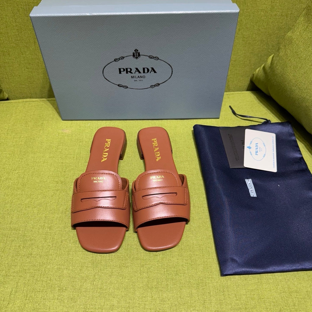 PRADA 25S SLIDES IN BROWN CALFSKIN