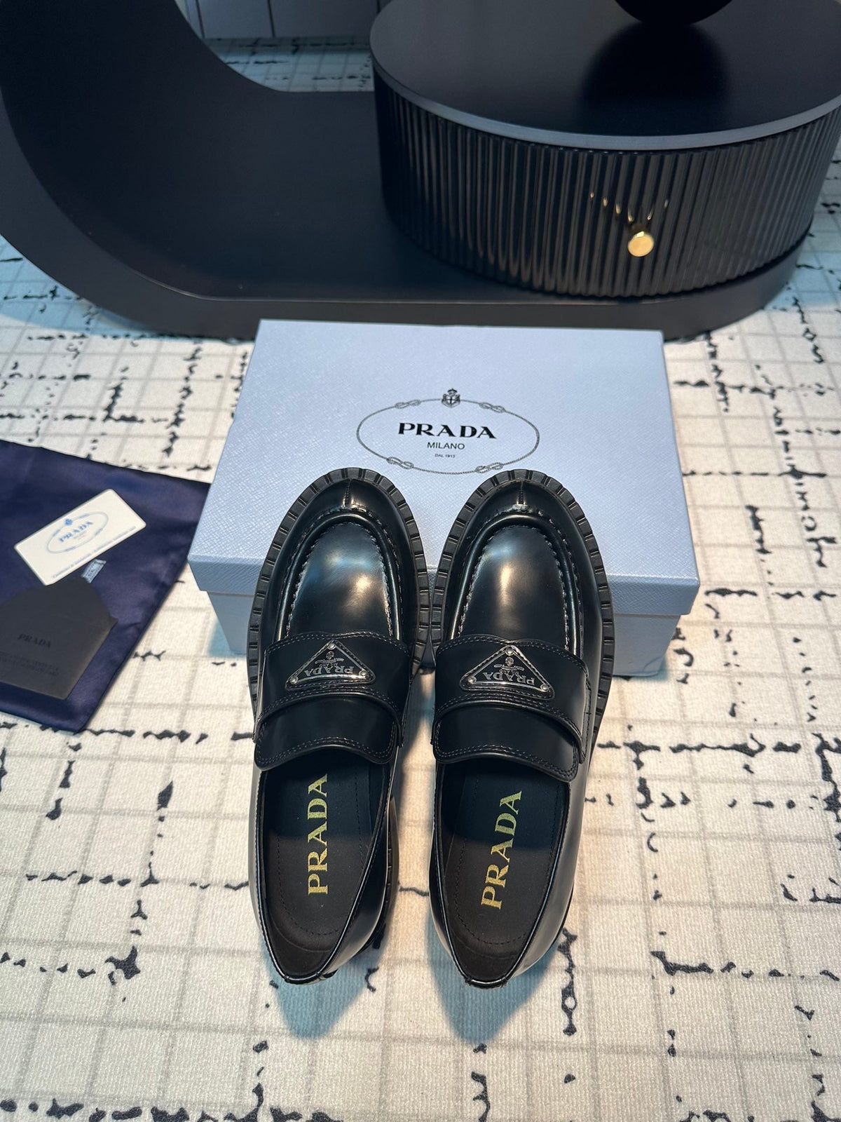 PRADA SCHOCOLATE BRUSHED LOAFERS BLACK CALFSKIN