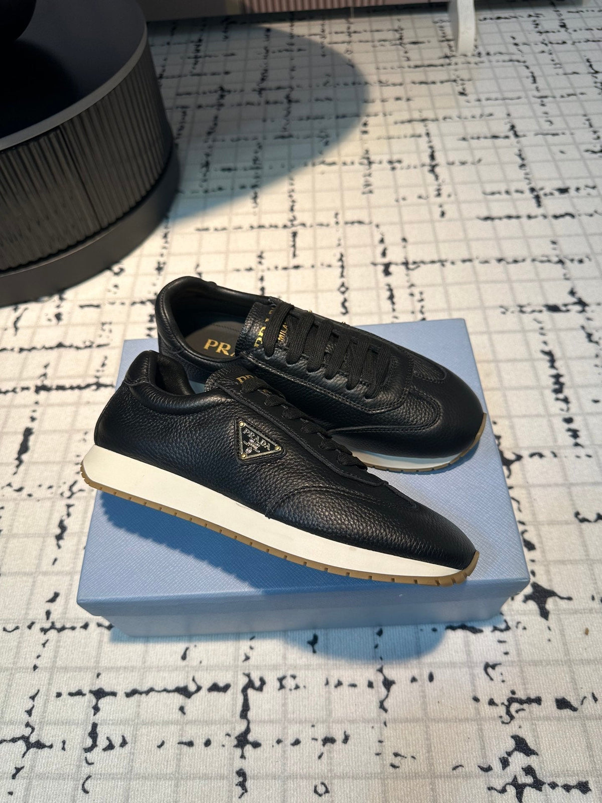 PRADA TRIANGLE LOGO SNEAKERS BLACK CALFSKIN