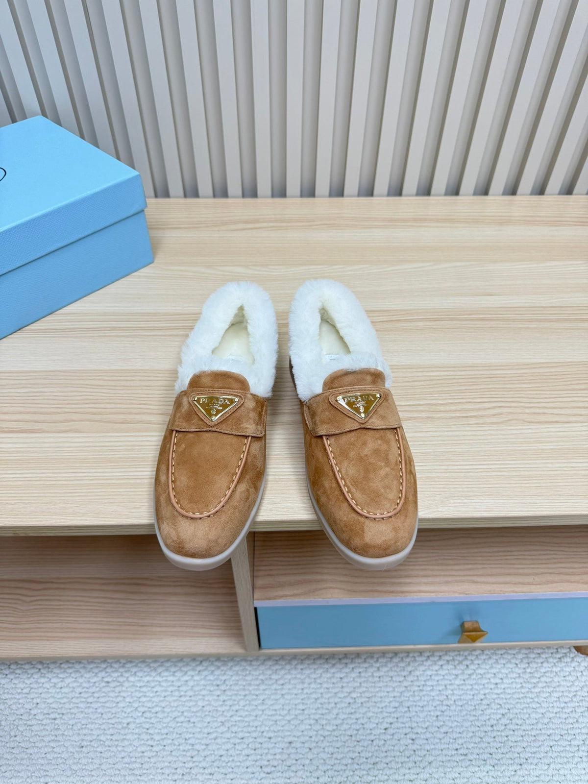 PRADA LOAFER IN CAMEL SUEDE AND FUR LINING ATTACHED TRIANGLE LOGO