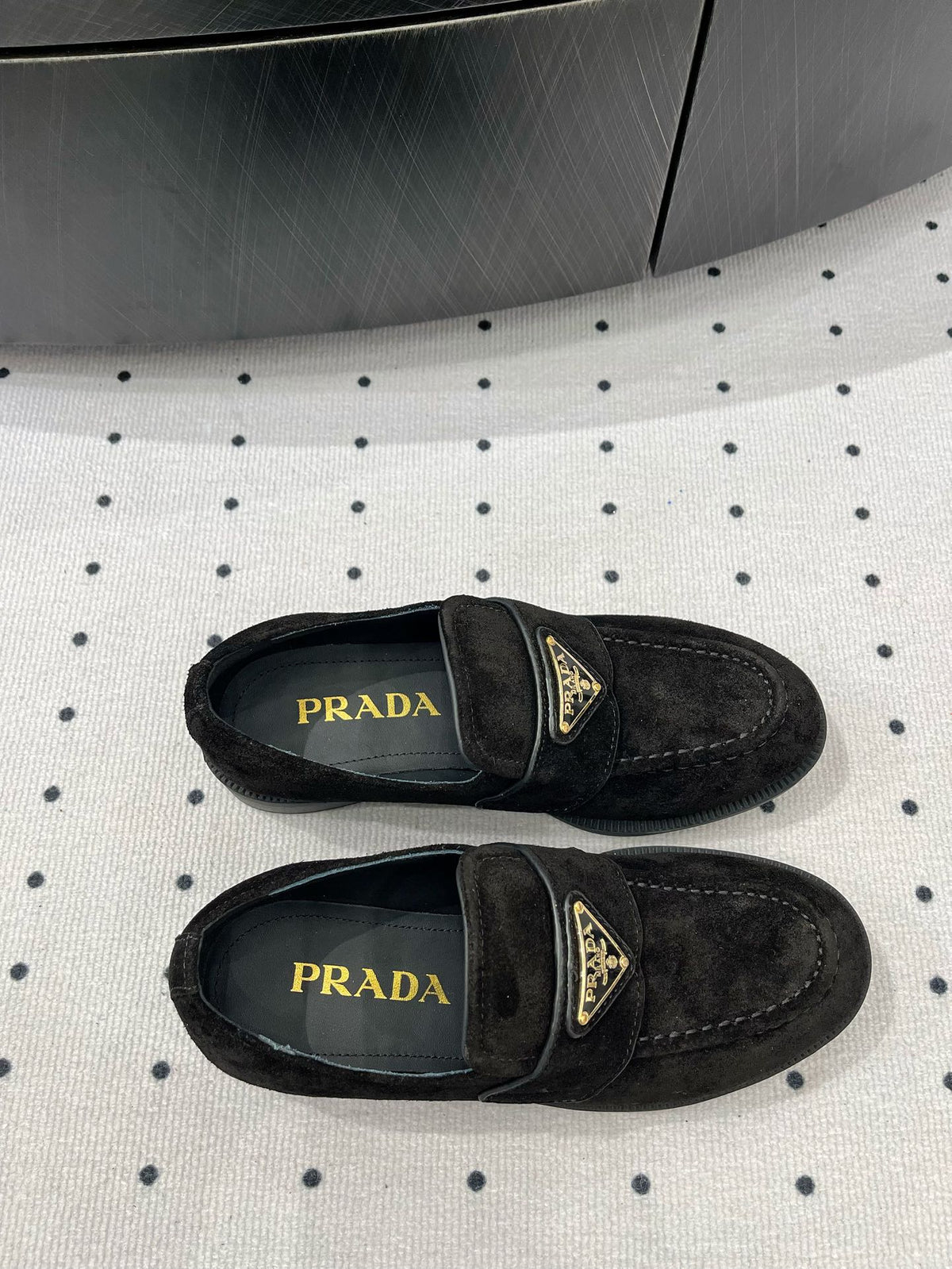 PRADA TRIANGLE LOGO LOAFER IN BLACK SUEDE