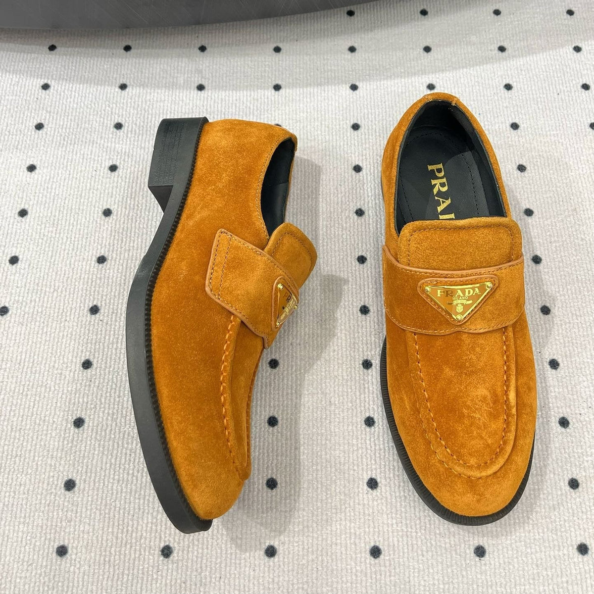 PRADA TRIANGLE LOGO LOAFER IN PERU BROWN SUEDE