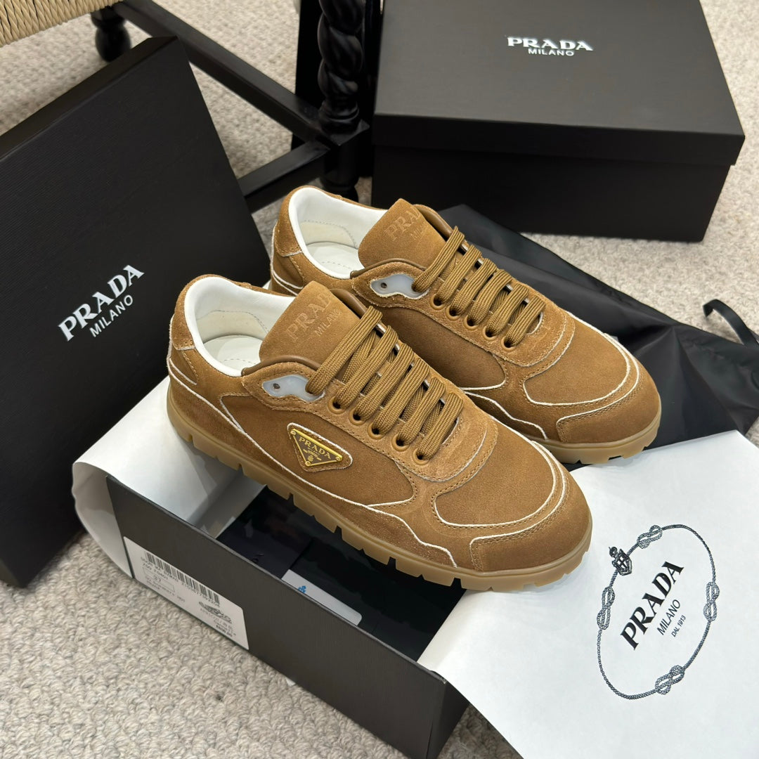 PRADA 25S SNEAKERS 20MM IN CARAMEL BROWN SUEDE