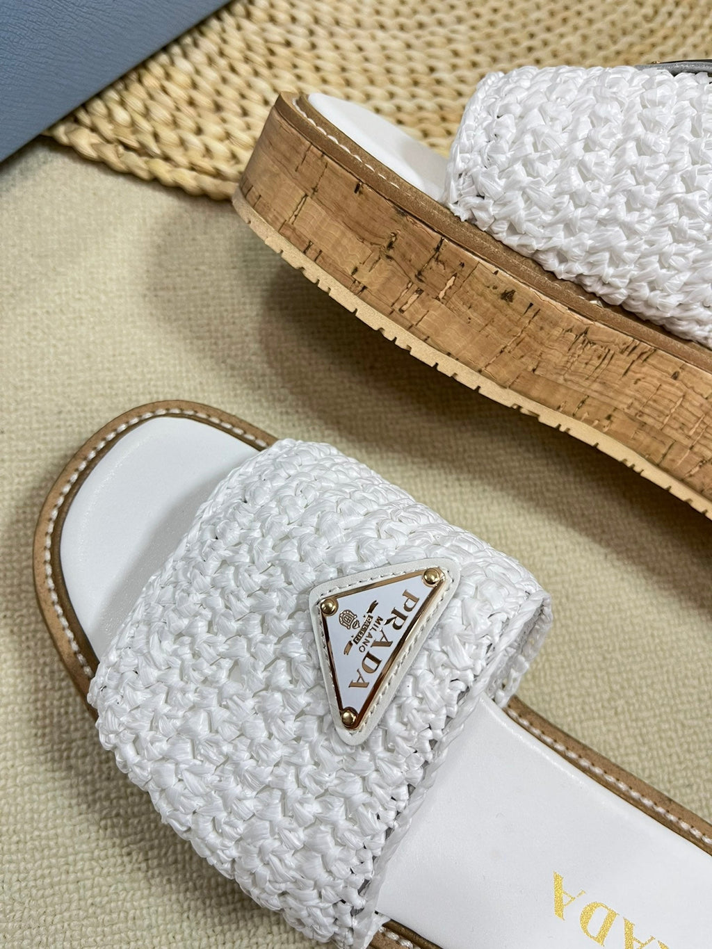 PRADA Crochet Flatform Slides 40 Lightweight Cork Sole White