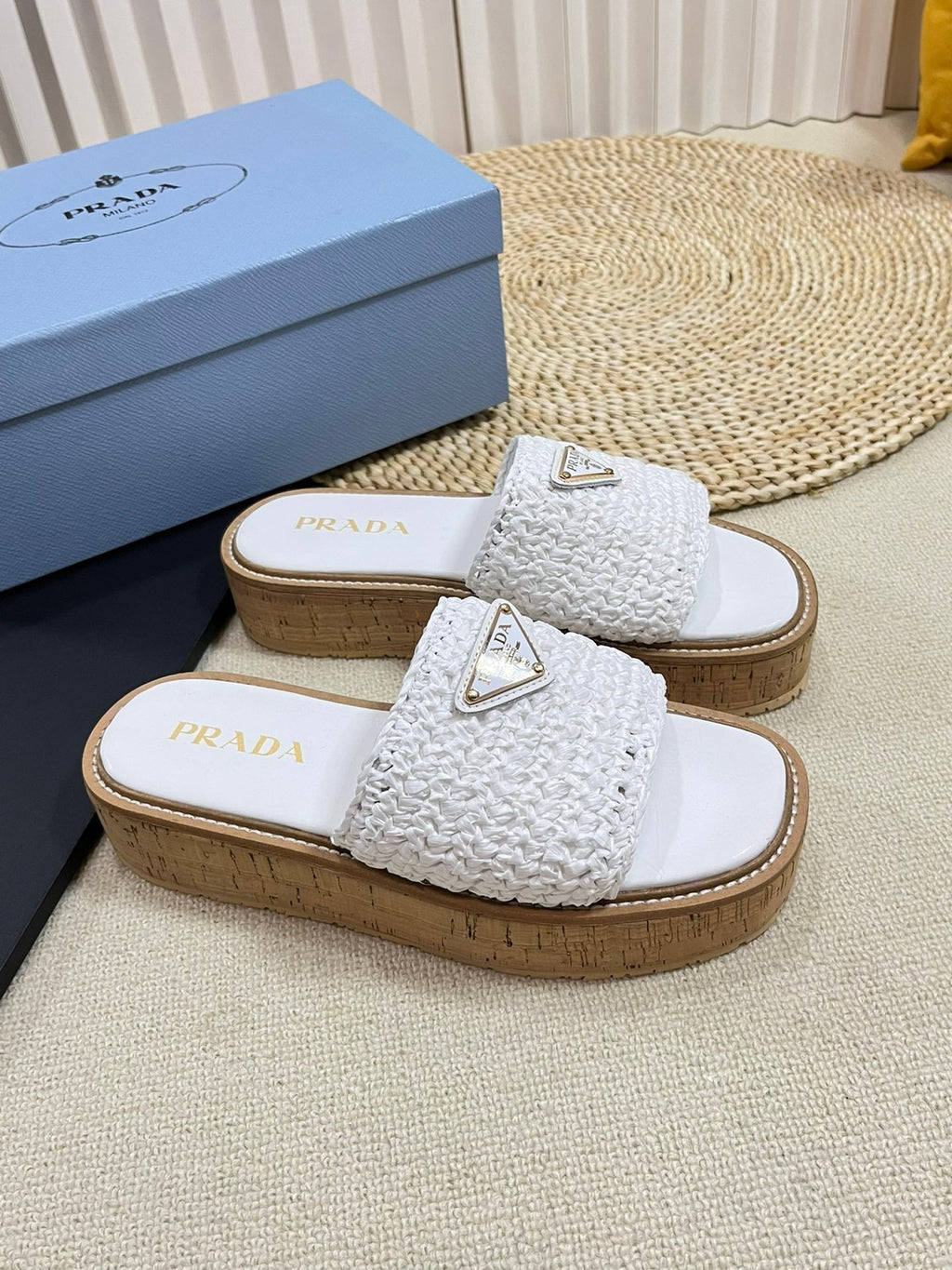 PRADA Crochet Flatform Slides 40 Lightweight Cork Sole White
