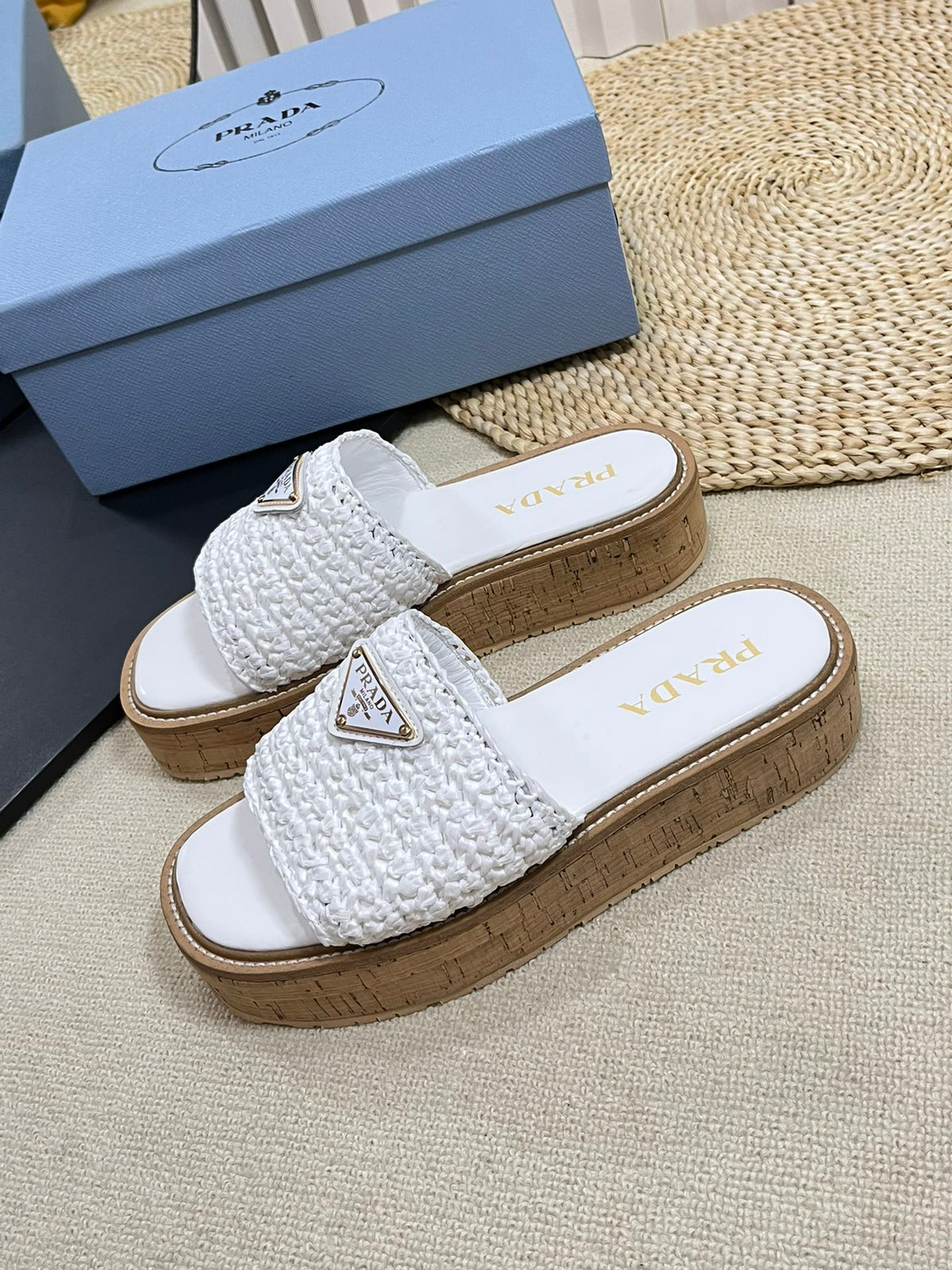 PRADA Crochet Flatform Slides 40 Lightweight Cork Sole White