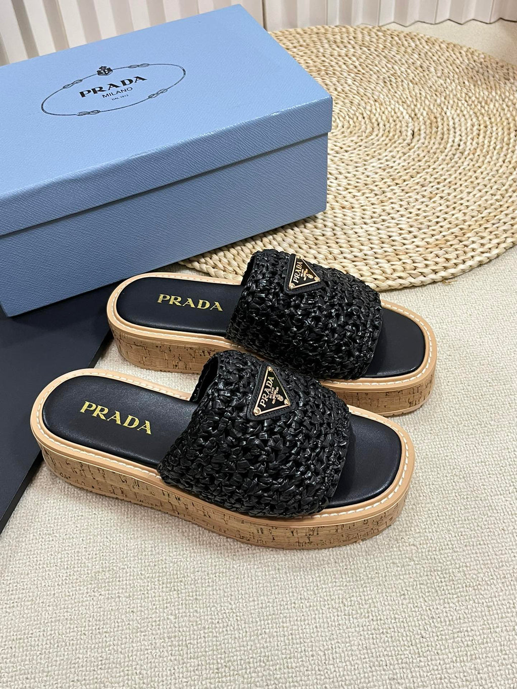 PRADA Crochet Flatform Slides 40 Lightweight Cork Sole Black