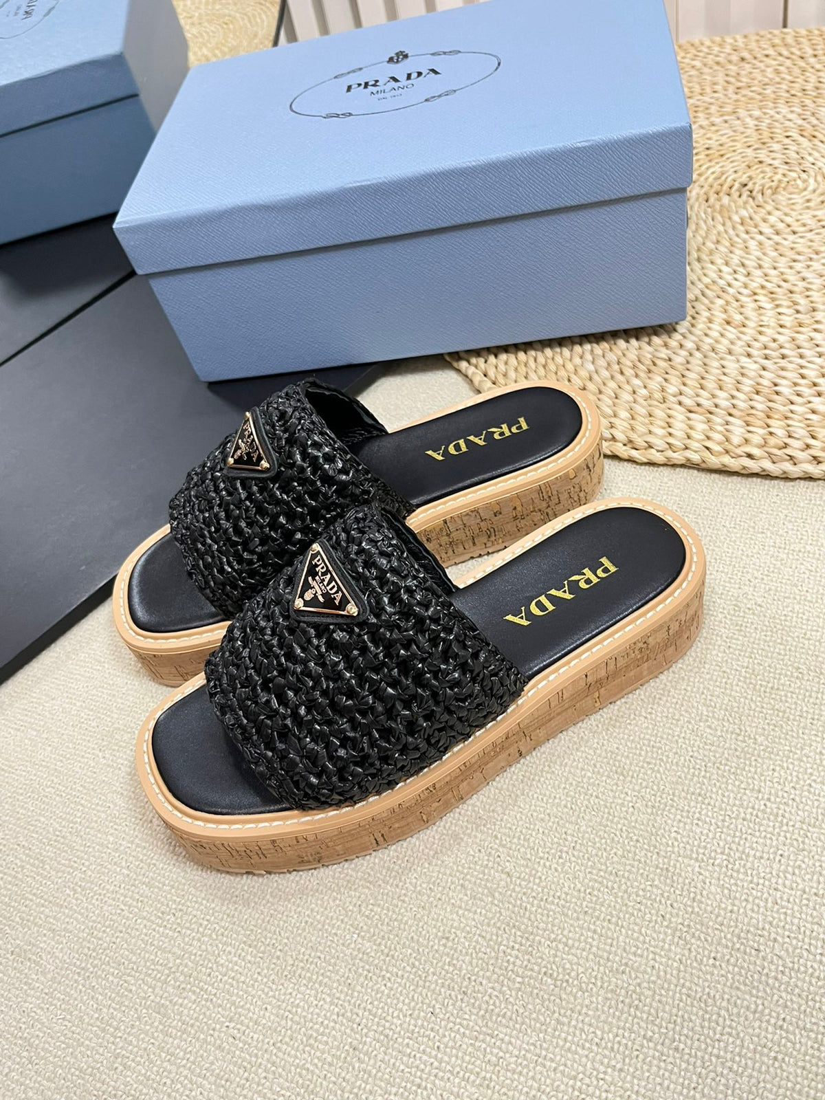 PRADA Crochet Flatform Slides 40 Lightweight Cork Sole Black