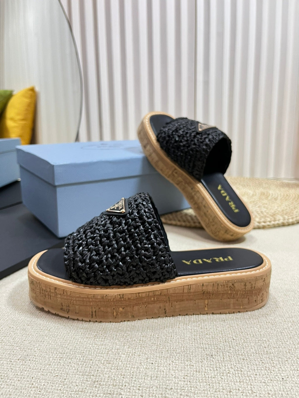 PRADA Crochet Flatform Slides 40 Lightweight Cork Sole Black