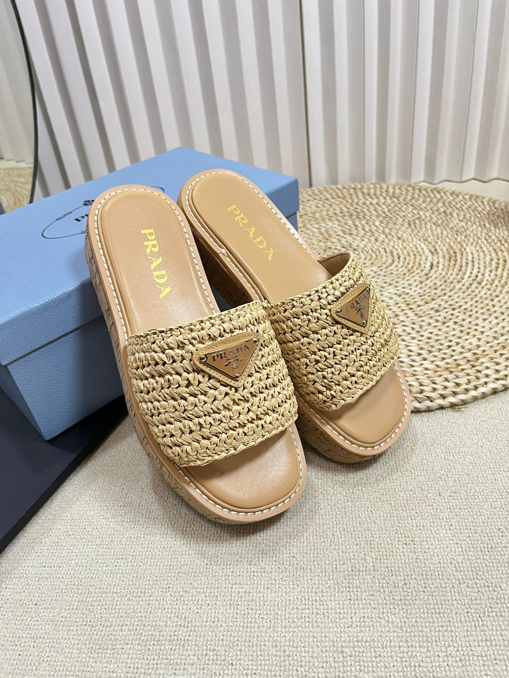 PRADA Crochet Flatform Slides 40 Lightweight Cork Sole Beige