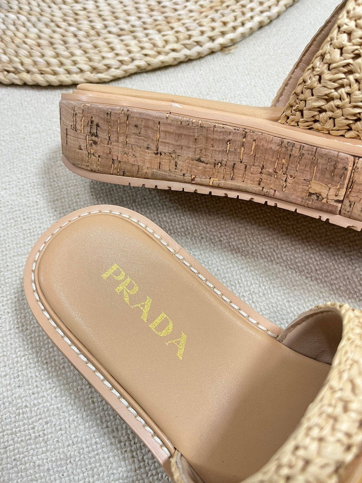 PRADA Crochet Flatform Slides 40 Lightweight Cork Sole Beige