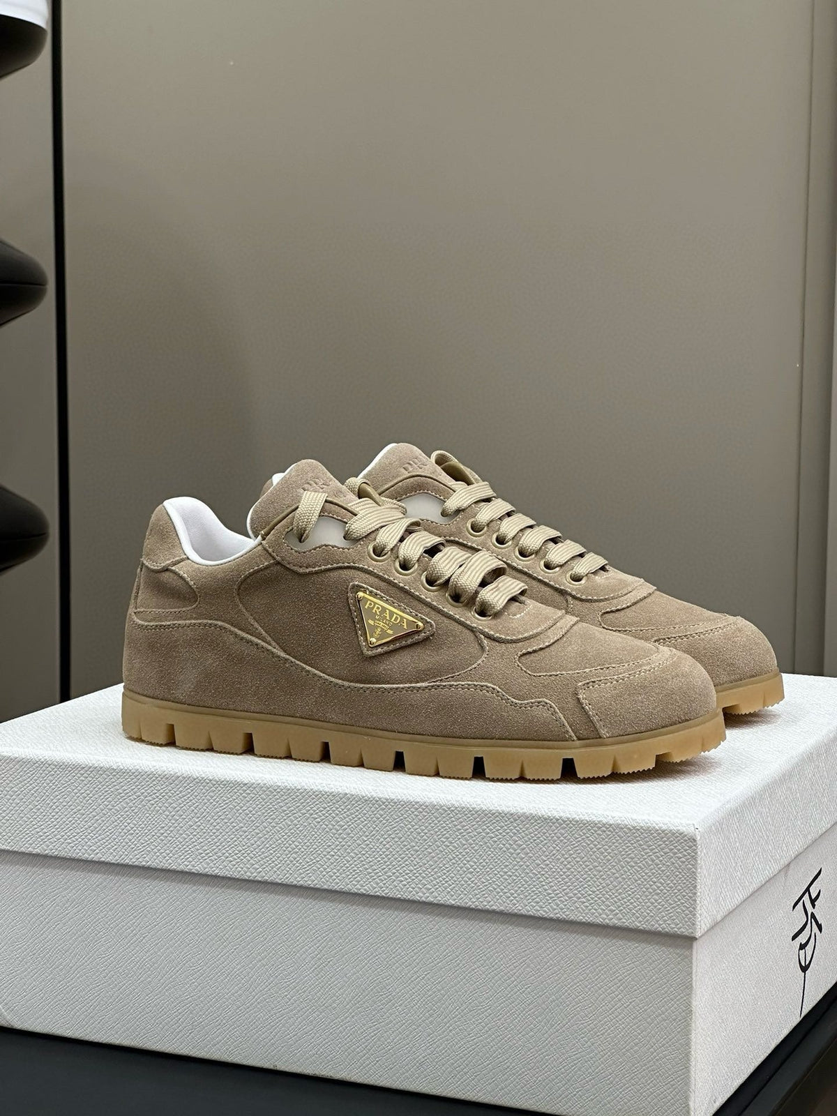 PRADA TRAIL FADED SUEDE SNEAKERS TORTILLA