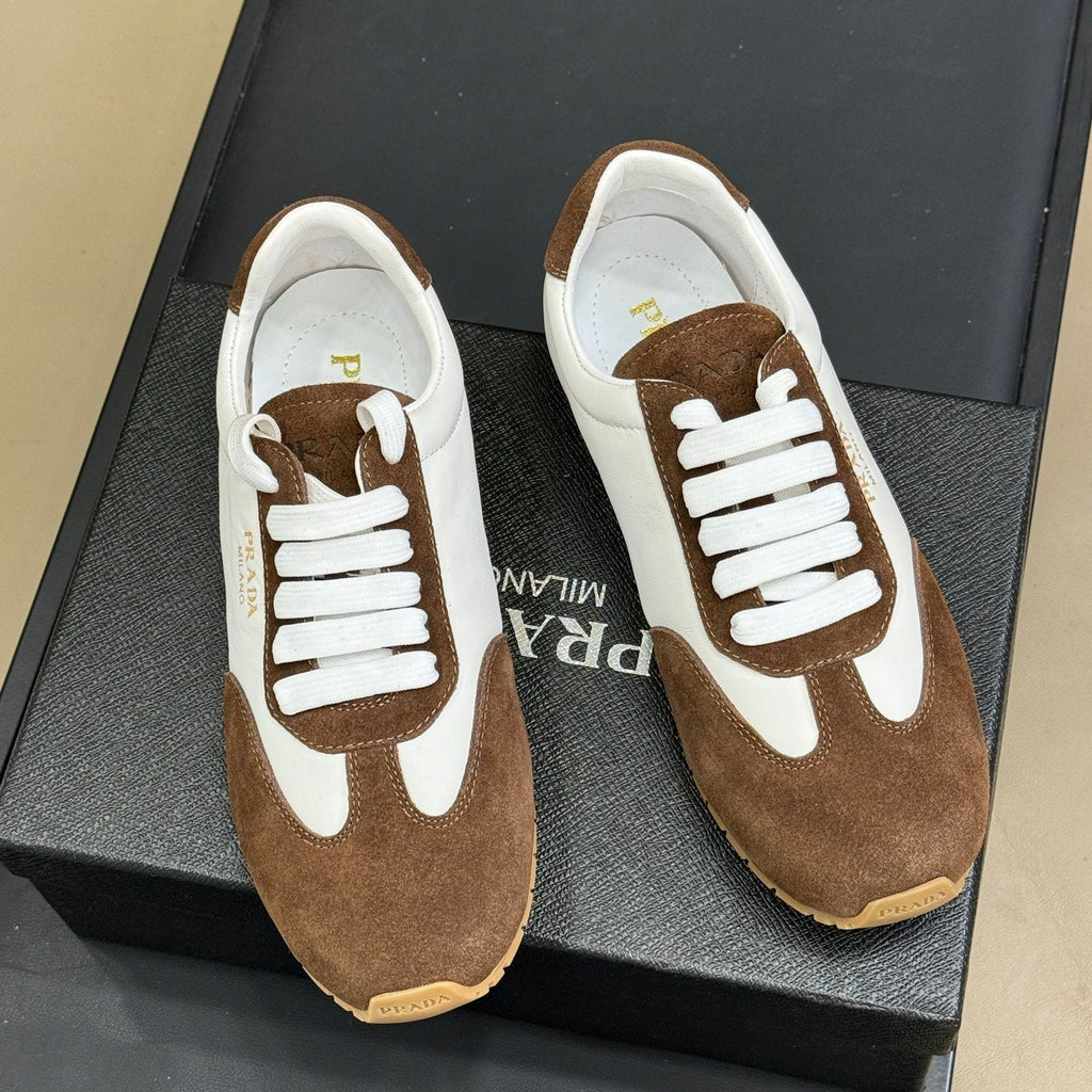 PRADA 25S SNEAKER IN WHITE MIX BROWN SUEDE STYLE 1