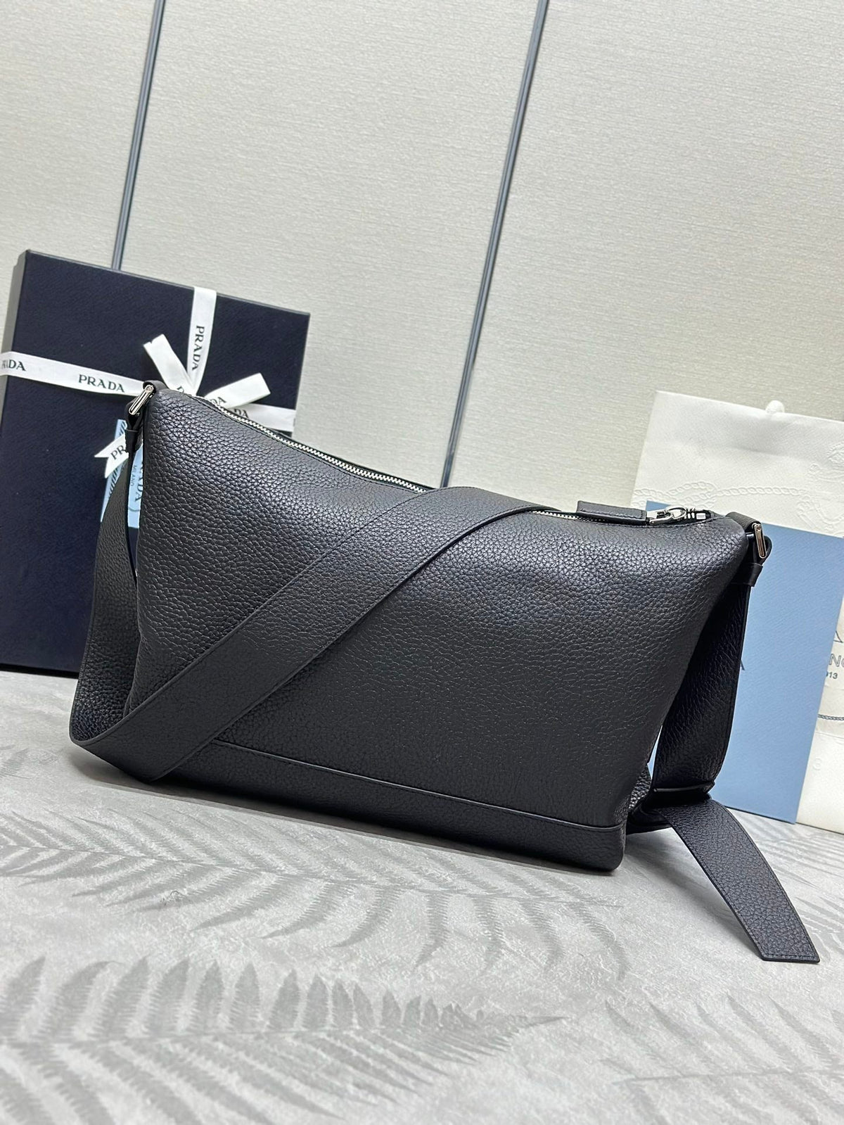 PRADA 25S SHOULDER STRAP BAG 26 IN BLACK CALFSKIN SILVER HARDWRE