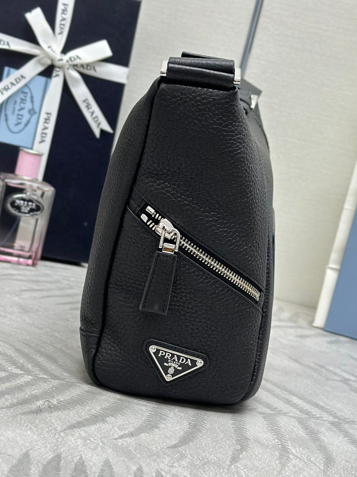 PRADA 25S SHOULDER STRAP BAG 26 IN BLACK CALFSKIN SILVER HARDWARE