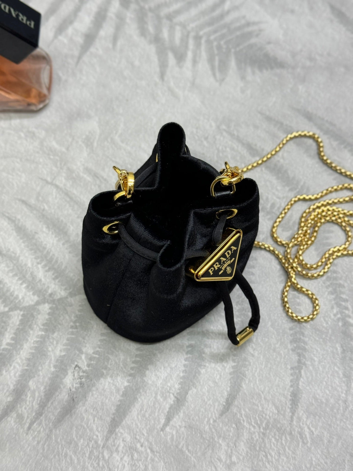 PRADA 25S MINI POUCH 12 IN BLACK VELVET GOLD HARDWARE
