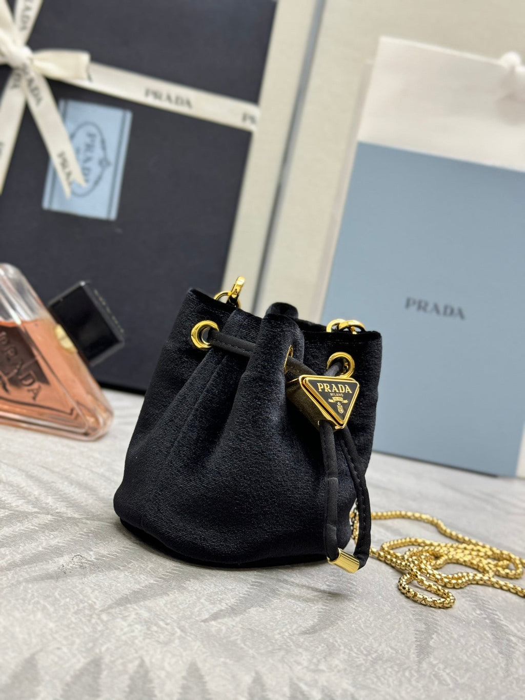 PRADA 25S MINI POUCH 12 IN BLACK VELVET GOLD HARDWRE