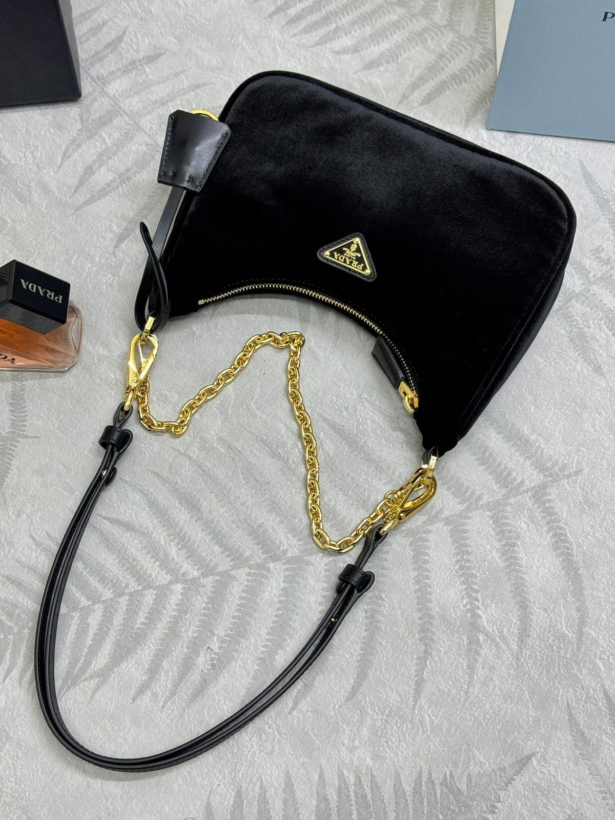PRADA 25S MINI HOBO BAG 23 IN BLACK VELVET GOLD HARDWRE