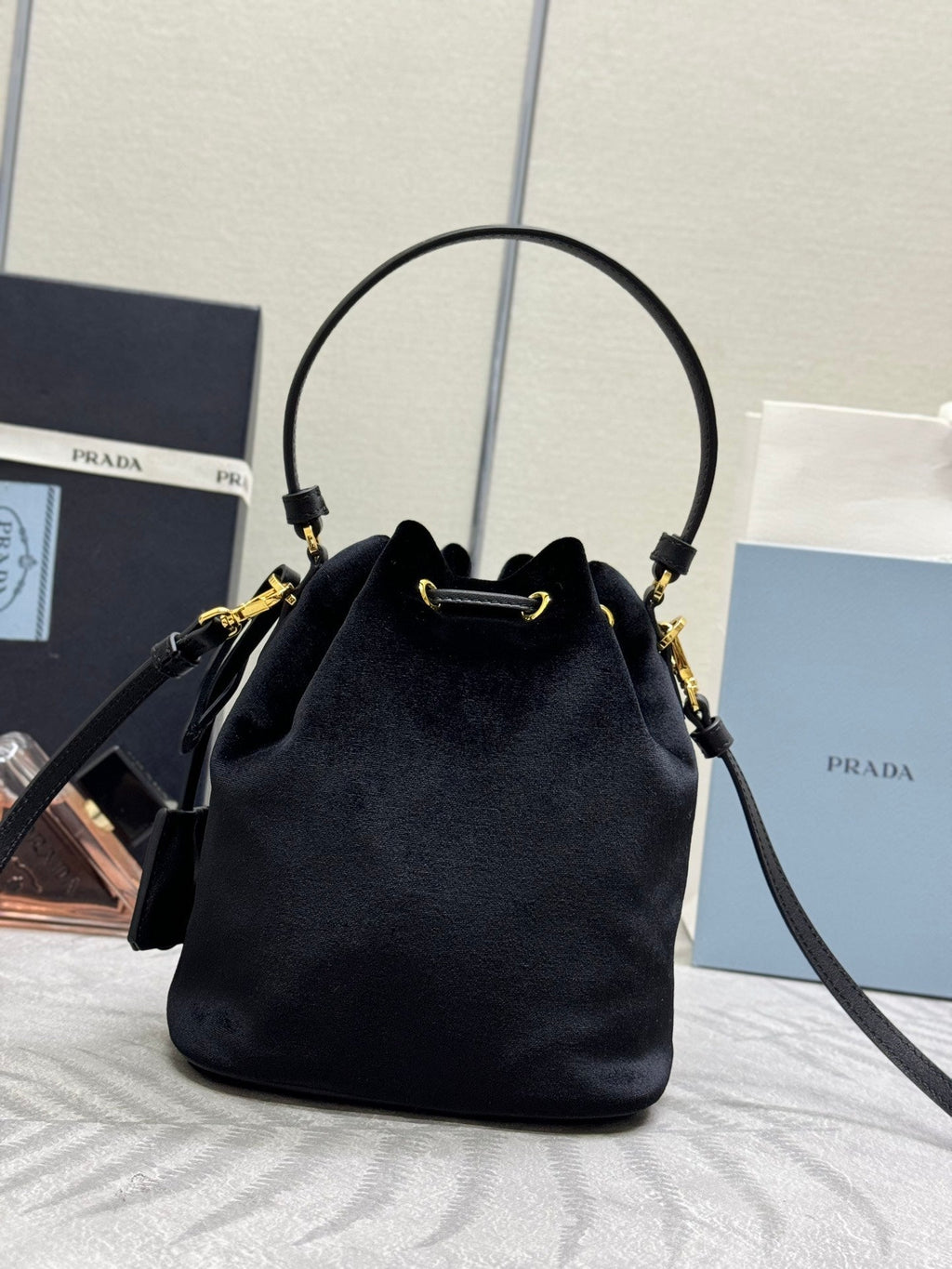 PRADA 25S BUCKET BAG 19 IN BLACK VELVET GOLD HARDWRE