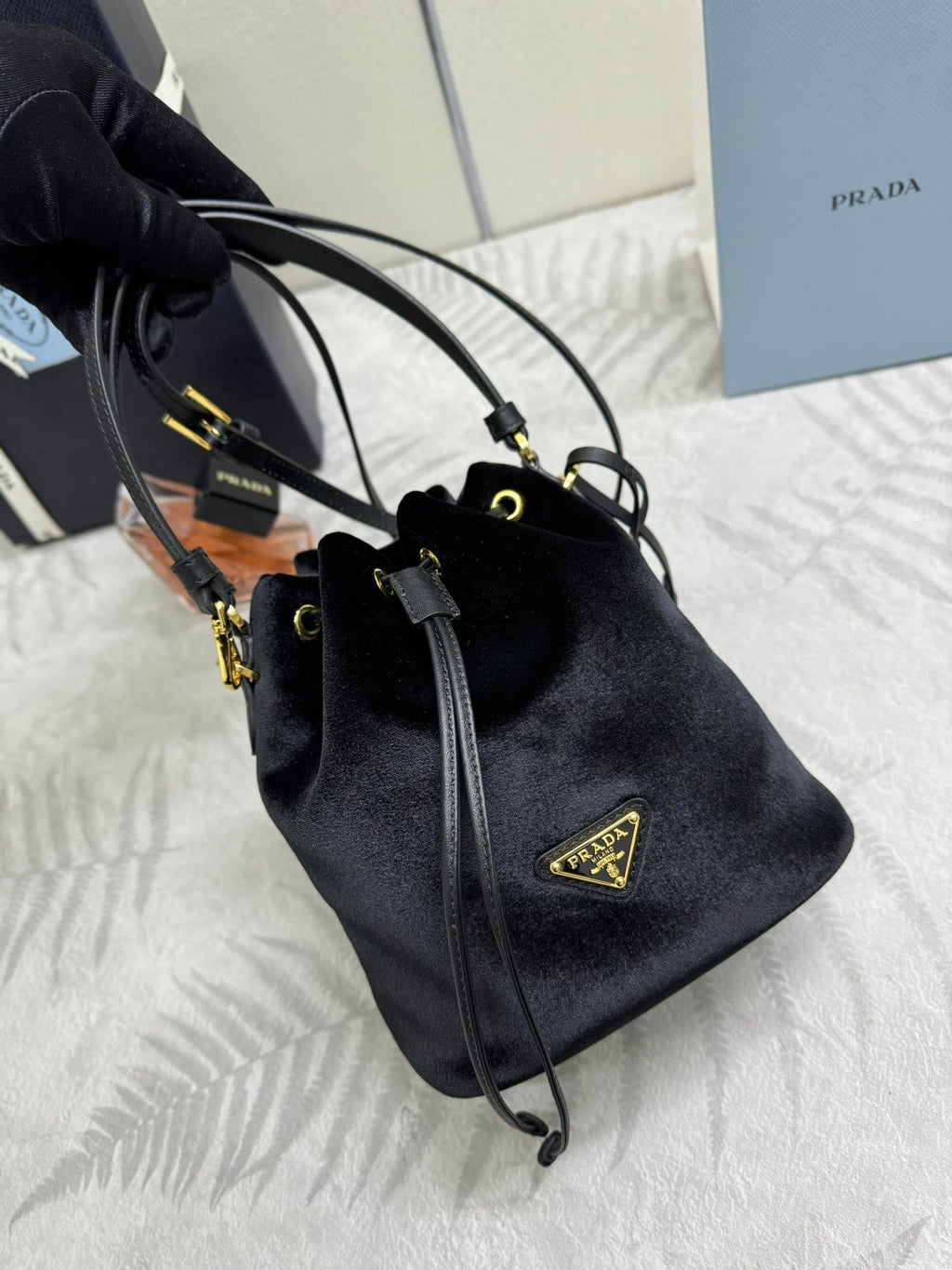 PRADA 25S BUCKET BAG 19 IN BLACK VELVET GOLD HARDWRE