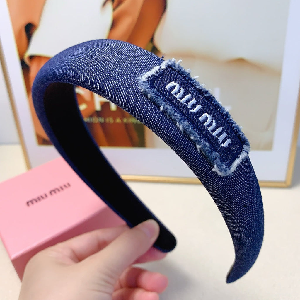 THICK HAIRBAND IN CLASSIC BLUE DENIM EMBROIDERED LOGO 217589