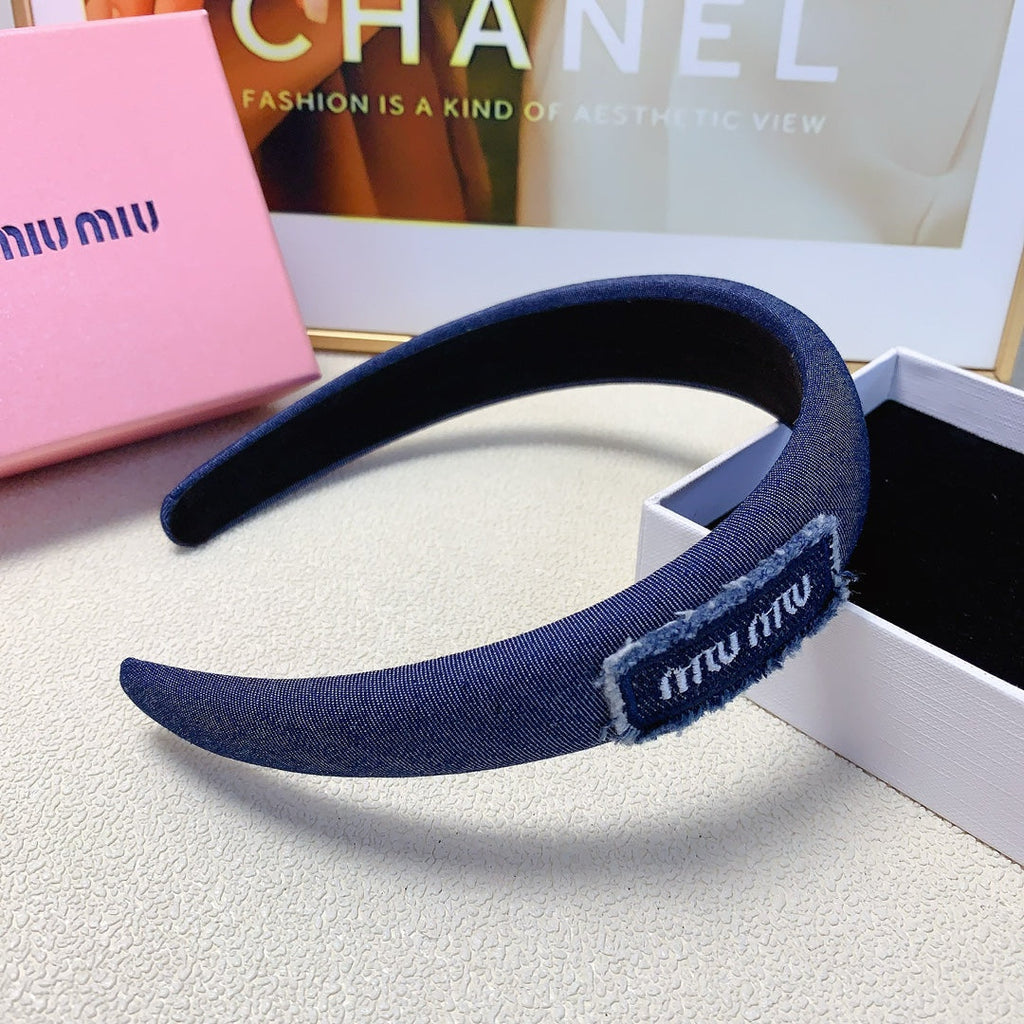 THICK HAIRBAND IN CLASSIC BLUE DENIM EMBROIDERED LOGO 217589