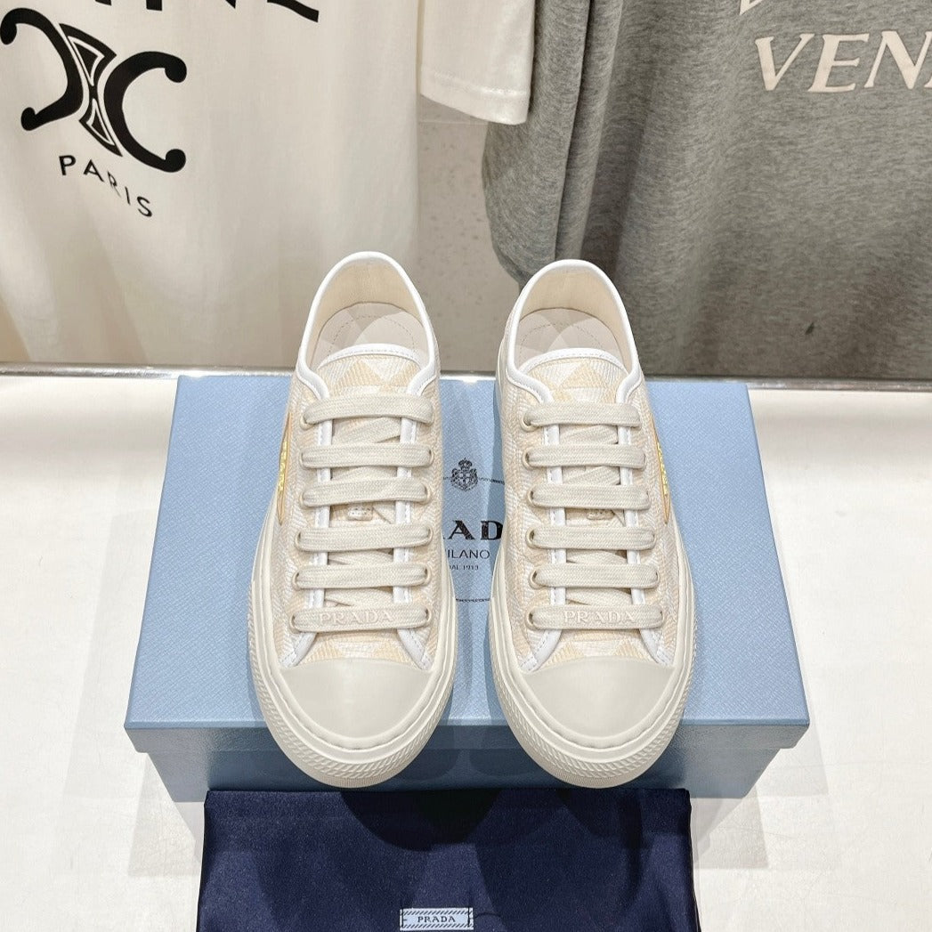 PRADA PRINTED COTTON SNEAKERS WHITE AND BEIGE CANVAS