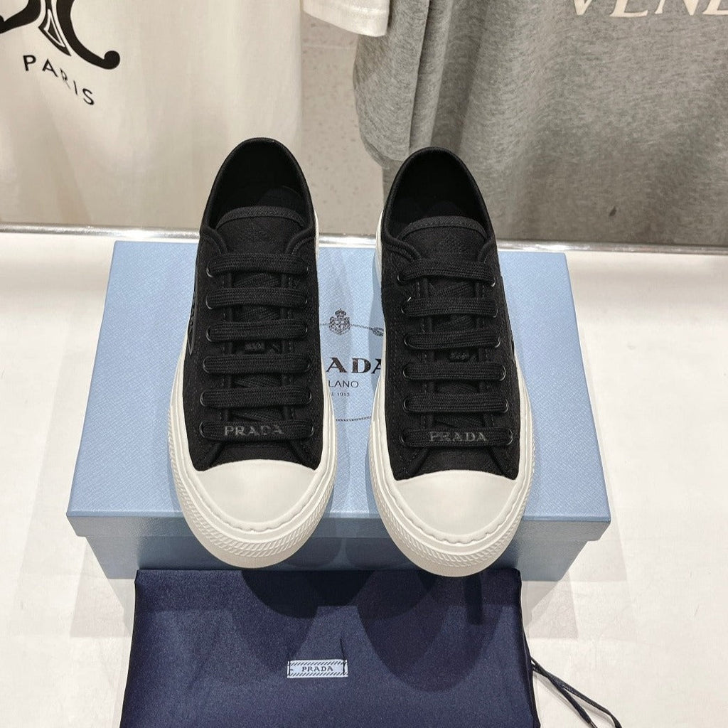 PRADA PRINTED COTTON SNEAKERS BLACK AND WHITE CANVAS